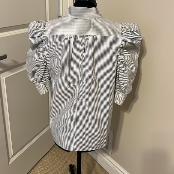 FRAME DENIM Ruched Puff Sleeve Shirt Blouse White with Black Stripes - Picture 7 of 12